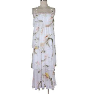 WHBM Tiered Maxi Dress Sz M Off Shoulder Tie Halter Neck Tassels Embroidered New